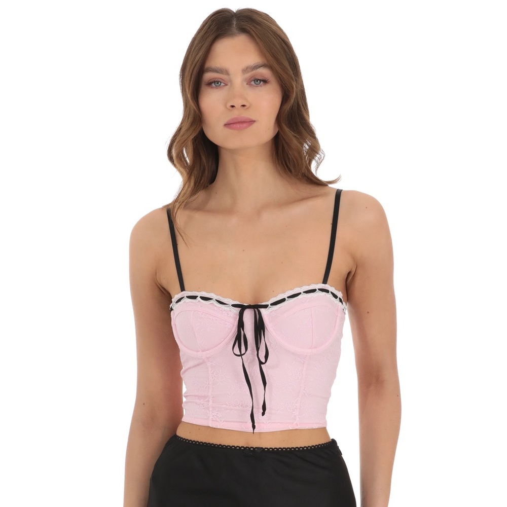 NWOT: Lucy in the Sky: Black Ribbon Lace Crop Top in Pink - Size Small